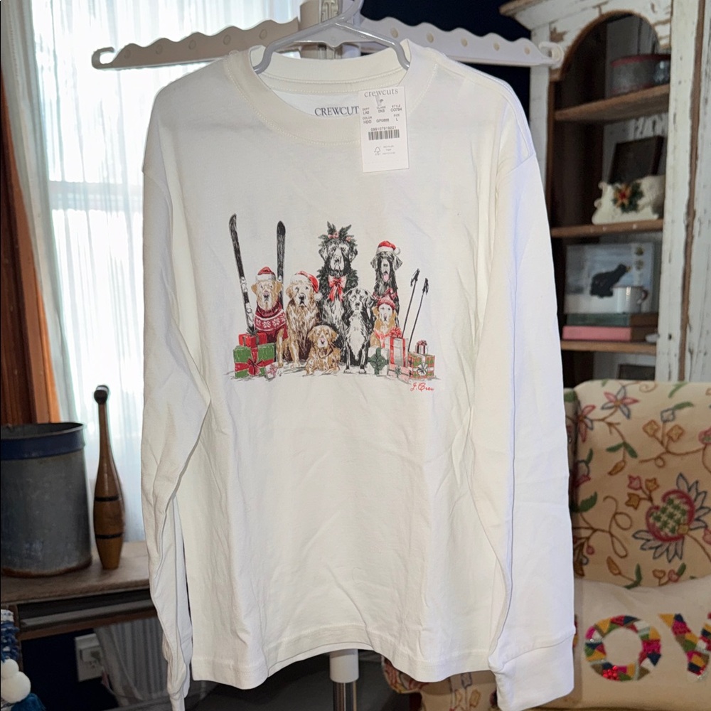 Crewcuts White Long Sleeve Tee with Holiday Dog Design